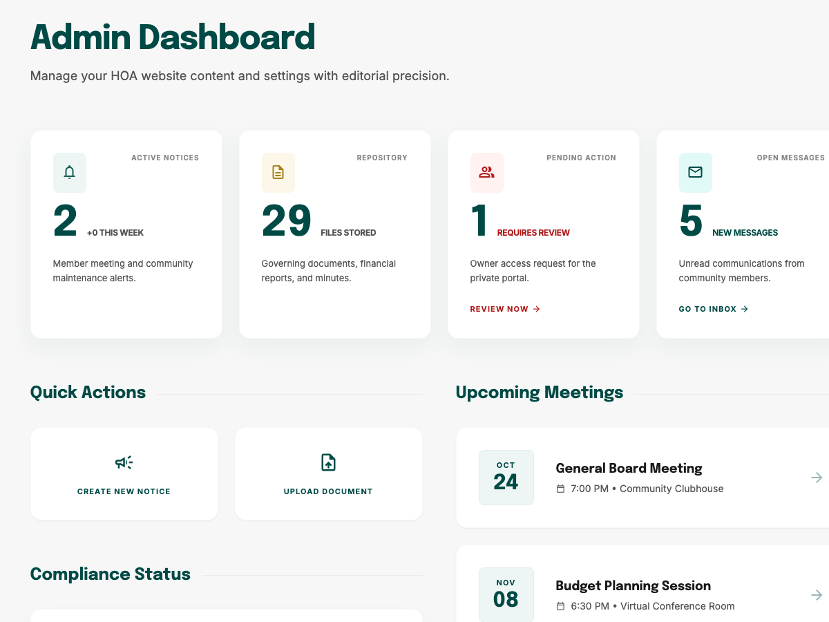 Admin dashboard with compliance metrics and quick actions