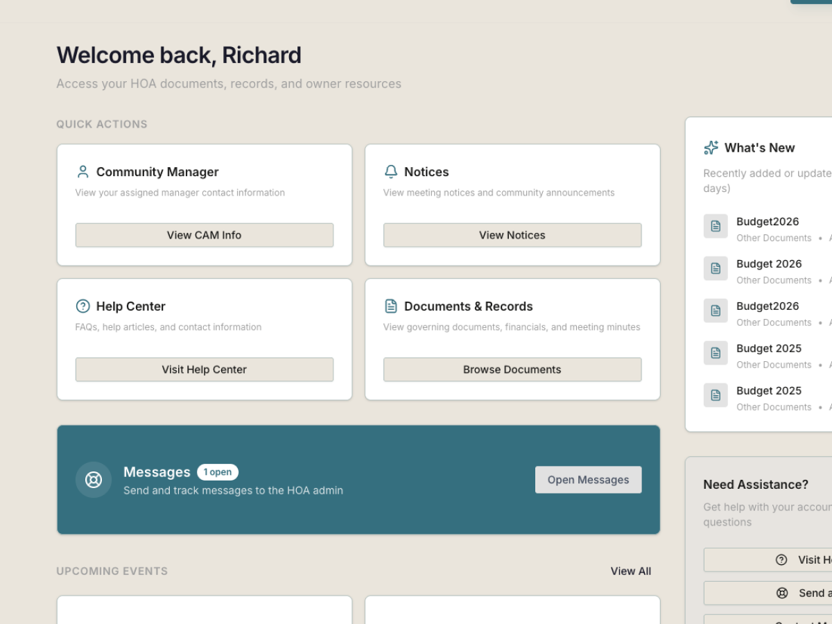Owner portal dashboard with quick actions and documents